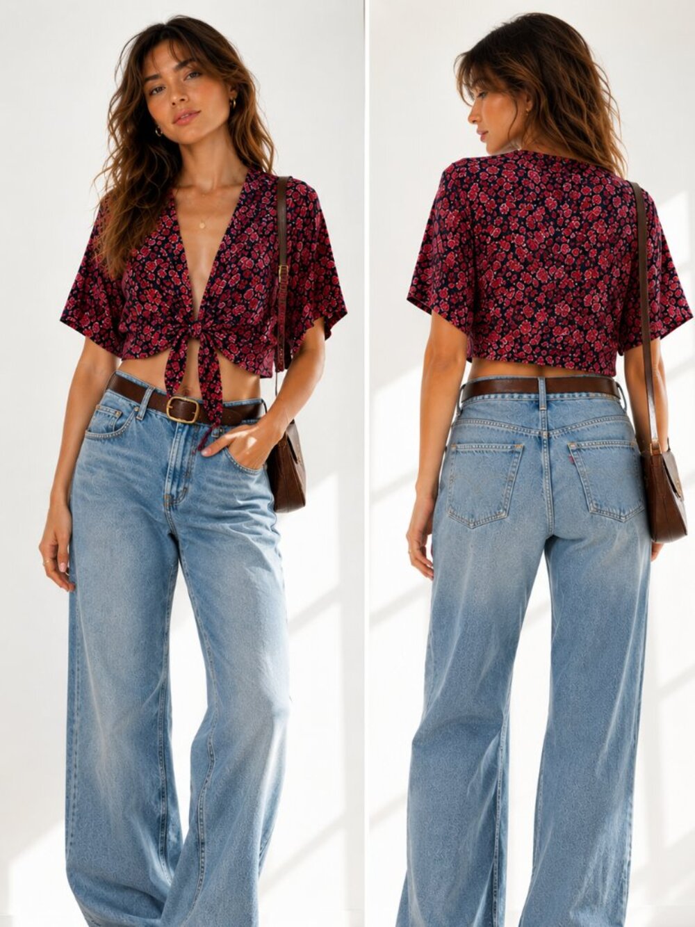 NEW Rouje Floral V neck Tie Front Crop Top Size 36 US 4